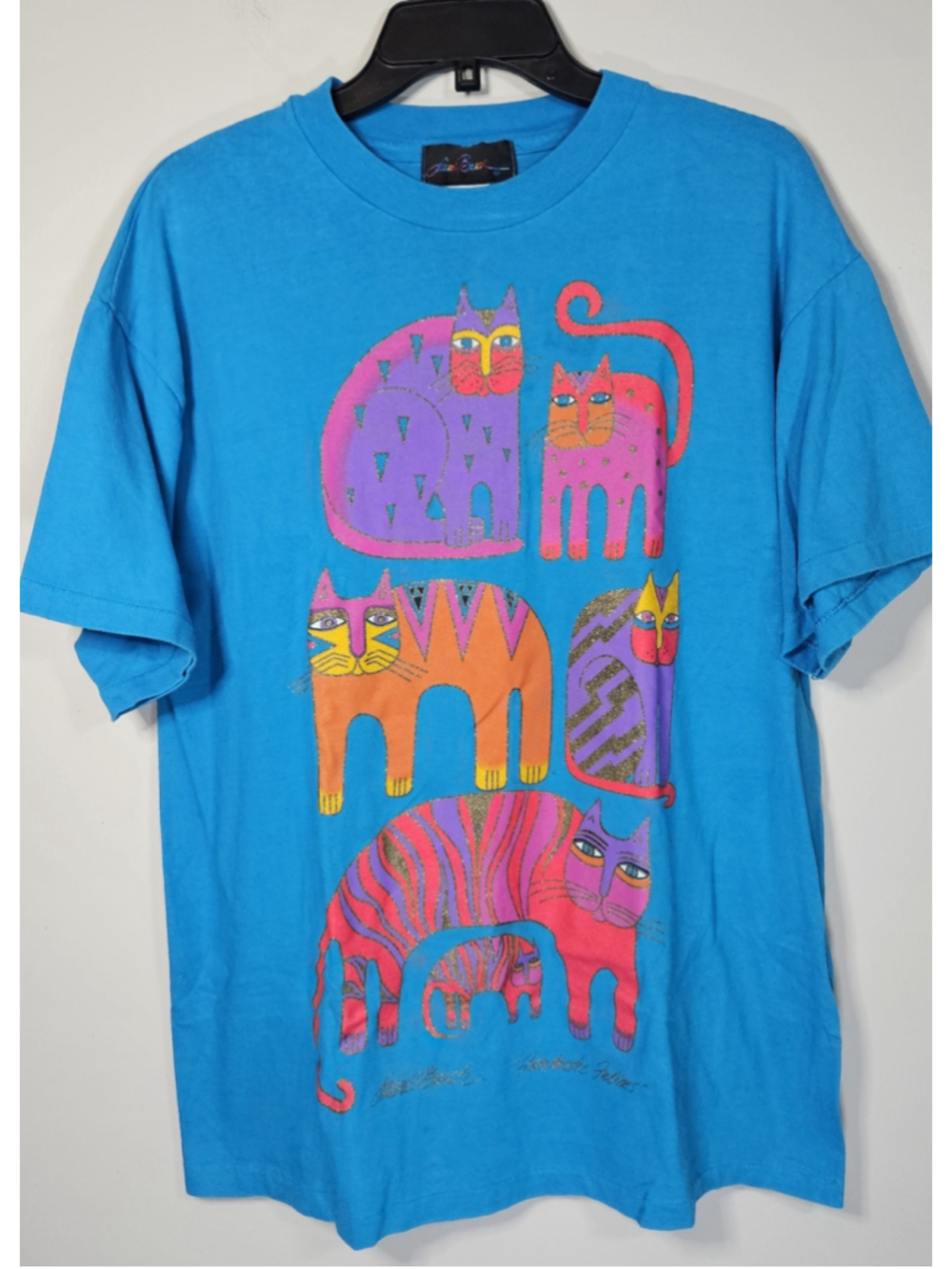 Vintage Laurel Burch Cat T Shirt USA Turquoise Glitter Felines Art